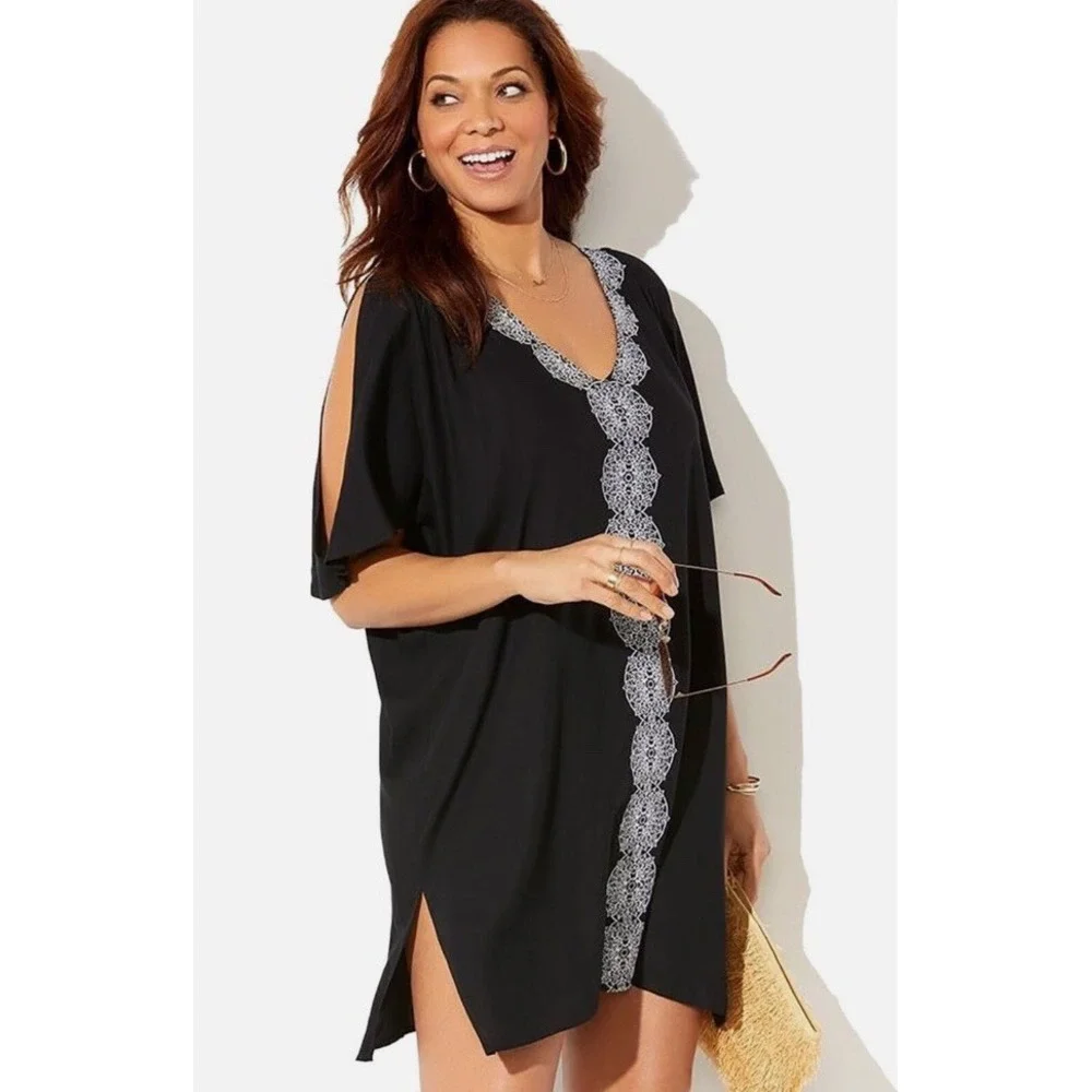 Swimsuits For All Swim Cover Up Sz 18 20 Black Embroidered Rayon Tunic Dress
